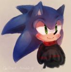  1boy alternate_costume animal_ears artist_name beige_background black_sweater blue_hair blush closed_mouth commentary cropped_torso english_commentary furry green_eyes hands_up happy heart long_sleeves male_focus simple_background sketch sleeves_past_fingers sleeves_past_wrists smile solo sonic sonic_the_hedgehog spacecolonie sweater tumblr_username upper_body 