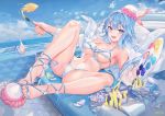  1girl :d animal armpits ass atdan bare_legs bare_shoulders bikini blue_eyes blue_hair blue_theme breasts cleavage day fang fantasy fish front-tie_bikini front-tie_top haiyi halterneck hat high_heels highres holding jellyfish large_breasts legs_up long_hair looking_at_viewer lying navel off_shoulder on_back open_clothes open_mouth open_shirt outdoors palette sandals shirt sky smile solo stomach strap_gap string_bikini swimsuit synthesizer_v thighs white_bikini white_shirt 