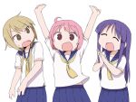  3girls ahoge blonde_hair blue_sailor_collar blue_skirt blush brown_eyes closed_eyes commentary_request cowboy_shot dokan_(dkn) hinata_yukari ichii_yui long_hair low_twintails multiple_girls neckerchief nonohara_yuzuko open_mouth pink_hair pleated_skirt purple_hair sailor_collar school_uniform school_uniform_(yuyushiki) serafuku short_hair simple_background skirt smile twintails white_background yellow_neckwear yuyushiki 