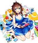  1girl adjusting_headphones aqua_eyes bag bare_arms bare_shoulders barefoot blue_dress blue_eyes blush bottle bow breasts candy candy_wrapper cat cd_case cleavage collarbone commentary_request controller dress dress_bow food fruit hair_between_eyes hand_up hat hat_removed headphones headwear_removed highres holding holding_notebook looking_at_viewer melon melon_slice mika_pikazo notebook open_mouth original paper shoes shoes_removed short_hair sidelocks sitting sleeveless sleeveless_dress smile sun_hat tagme upper_teeth wariza white_bag white_bow white_footwear 