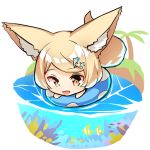  1girl :d animal animal_ears bangs blush brown_eyes chibi coral dolphin_hair_ornament eyebrows_visible_through_hair fish fox_ears fox_girl fox_tail hair_ornament highres innertube light_brown_hair looking_at_viewer open_mouth original palm_tree smile solo star_(symbol) star_hair_ornament swept_bangs tail tree water white_background yuuji_(yukimimi) 