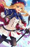  1girl artoria_pendragon_(all) artoria_pendragon_(caster) black_gloves blonde_hair bow capelet commentary_request double-breasted dutch_angle eyebrows_visible_through_hair fate/grand_order fate_(series) gloves green_eyes hat highres leggings long_hair n-bata open_mouth sky smile solo 