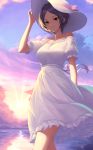  1girl arm_behind_back arm_up bare_shoulders blue_hair blue_sky bow breasts cloud collarbone dress frill_trim hat hayami_kanade highres idolmaster idolmaster_cinderella_girls jewelry large_breasts looking_at_viewer maitake_(maitake1234) necklace ocean off-shoulder_dress off_shoulder outdoors pink_bow short_hair short_sleeves sidelocks sky smile solo sun sun_hat sunlight water white_dress white_headwear yellow_eyes 