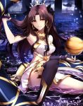  &gt;:) 1girl anklet armlet armpits bare_shoulders black_hair black_ribbon breasts bridal_gauntlets cleavage crown earrings elbow_gloves fate/grand_order fate_(series) gloves hair_intakes hair_ribbon heavenly_boat_maanna highres hoop_earrings ishtar_(fate)_(all) ishtar_(fate/grand_order) jewelry long_hair long_legs looking_at_viewer medium_breasts navel neck_ring parted_lips partially_submerged pelvic_curtain ribbon shiguru single_elbow_glove single_thighhigh sitting smile solo thighhighs two_side_up v-shaped_eyebrows venus_(planet) very_long_hair yellow_eyes 