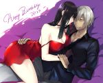  1boy 1girl biomega black_hair breasts choker cleavage dark_skin dress happy_birthday highres long_hair sakuma_tsukasa white_hair 