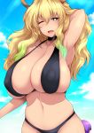  1boy 1girl :d bikini black_bikini blonde_hair blue_hair blue_sky breasts cleavage cloud covered_nipples dragon_girl dragon_horns eyebrows eyebrows_visible_through_hair green_hair highres horns huge_breasts kobayashi-san_chi_no_maidragon looking_at_viewer magatsuchi_shouta navel nipples one_eye_closed open_mouth purple_hair quetzalcoatl_(maidragon) shadow sky smile swimsuit tsukasawa_takamatsu 