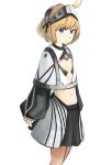  1girl absurdres ahoge black_bra blonde_hair blue_eyes bra capelet closed_mouth cowboy_shot diva_(hyxpk) flat_chest grey_skirt highres looking_at_viewer midriff navel original short_hair simple_background skirt solo standing underwear visor_(armor) white_background 