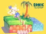  1boy aimf bird coconut coconut_tree copyright_name dated flower grass green_hill_zone jewelry leaf palm_tree ring running shadow signature sonic sonic_the_hedgehog sonic_the_hedgehog_(classic) sparkle spikes star_(symbol) tree twitter_username water yellow_background yellow_flower 