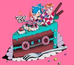  1boy aimf boombox cake candle chili_dog chocolate_cake dated english_text food fork fruit gloves headphones hot_dog jacket leaf male_focus open_clothes open_jacket pink_background red_footwear shoes solo sonic sonic_the_hedgehog strawberry tongue tongue_out white_gloves 