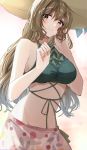  1girl bangs bare_arms bare_shoulders bikini blush breasts brown_eyes brown_hair green_bikini green_swimsuit hair_between_eyes halterneck hand_in_hair hat highres idolmaster idolmaster_shiny_colors kuwayama_chiyuki large_breasts leaf_print long_hair looking_at_viewer multiple_straps navel ribbed_bikini ribbed_swimsuit sarong satoimo_chika see-through sky smile solo sun_hat sunset swimsuit 