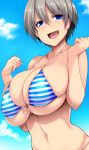  1girl :d absurdres arms_up bikini blue_bikini blue_eyes blue_sky breasts cloud fang front-tie_bikini front-tie_top grey_hair highres huge_breasts navel open_mouth sky smile smug solo striped striped_bikini swimsuit tongue tsukasawa_takamatsu uzaki-chan_wa_asobitai! uzaki_hana 