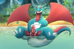 2020 3:2 absurd_res anus beach claws detailed_background ejaculation erection ferilla front_view genitals hi_res male nintendo penis pok&eacute;mon pok&eacute;mon_(species) reptile salamence scalie seaside solo tongue tongue_out video_games water wings 