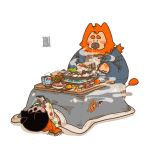  1:1 2020 anthro clothing duo eating felid food hakumimis hi_res kemono lion male mammal overweight overweight_male pantherine phone simple_background sitting sweater topwear white_background 