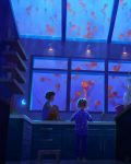  2boys child devin_elle_kurtz english_commentary from_behind hands_on_own_knees highres jellyfish looking_up moon_(ornament) multiple_boys night_light original pajamas shorts underwater 