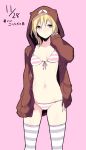  1girl absurdres biomega blonde_hair breasts character_request closed_mouth highres hood hoodie looking_at_viewer sakuma_tsukasa short_hair simple_background solo standing swimsuit thighhighs 