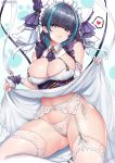  1girl aqua_eyes azur_lane black_hair blush breasts cheshire_(azur_lane) cleavage commentary commentary_request cyicheng detached_sleeves dress dress_lift eyebrows_visible_through_hair frills garter_belt garter_straps hairband heart large_breasts lifted_by_self looking_at_viewer maid_headdress multicolored_hair navel panties partial_commentary puffy_sleeves ribbon sitting smile solo spoken_heart streaked_hair thighhighs thighs underwear white_legwear white_panties wrist_cuffs 