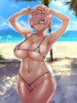  1girl armpits bangs bare_shoulders beach bikini blush breasts cleavage collarbone covered_nipples double_v fate/grand_order fate_(series) grin hair_over_one_eye hands_up hayama_kazusa highres large_breasts lavender_hair looking_at_viewer mash_kyrielight micro_bikini navel purple_eyes short_hair smile sweat swimsuit thighs v white_bikini 
