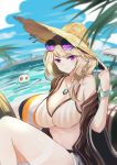  1girl absurdres arknights bangs bare_shoulders bikini breasts brown_hair bupa_chila commentary_request eyebrows_visible_through_hair eyewear_on_head hand_up hat highres huge_filesize large_breasts looking_at_viewer off_shoulder purple_eyes short_hair solo stomach sun_hat sunglasses swimsuit thighs utage_(arknights) 