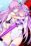  2girls breasts covered_navel eyebrows_visible_through_hair hair_between_eyes hair_ornament iwasi-r leotard long_hair looking_at_another medium_breasts multiple_girls neptune_(series) power_symbol pubic_tattoo purple_sister tattoo very_long_hair 