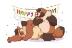  2020 anal anthro balls belly birthday birthday_sex brown_body brown_fur canid canine duo fur genitals henjikotetsu male male/male mammal marten mustelid musteline overweight overweight_male penis raccoon_dog sex tanuki text tongue tongue_out 