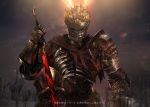  1other arm_at_side armor breastplate capelet dark dark_souls_iii eclipse facing_viewer field_of_blades gauntlets glowing glowing_sword glowing_weapon hand_on_hilt hand_up helmet knee_up mono_(jdaj) moon outdoors pauldrons planted_sword planted_weapon plate_armor red_capelet shoulder_armor sitting solar_eclipse solo soul_of_cinder souls_(from_software) sun sword translation_request upper_body weapon 
