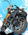  1boy \n/ black_shirt blonde_hair blue_eyes blue_sky clonion cloud frog gamakichi_(naruto) glasses ground_vehicle headband highres looking_at_viewer male_focus motor_vehicle motorcycle naruto_(series) open_mouth riding shirt shoes short_sleeves sky spiked_hair tongue tongue_out uzumaki_naruto v-shaped_eyebrows 