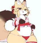  accessory anthro asian_clothing big_tail blonde_hair breasts brown_body brown_fur canid canine chest_tuft chipar clothed clothing crop_top curvy_figure cute_fangs dipstick_ears dipstick_tail east_asian_clothing eyelashes female fluffy fluffy_tail fox fundoshi fur gloves_(marking) hair hair_accessory hair_bow hair_ribbon hi_res inner_ear_fluff japanese_clothing kemono kimono legwear looking_at_viewer mammal markings midriff multicolored_body multicolored_ears multicolored_fur multicolored_tail navel open_mouth pupils ribbons shirt short_hair short_stack simple_background skimpy slightly_chubby slit_pupils solo standing thick_thighs thigh_highs topwear tuft underwear whiskers white_background white_body white_fur wide_hips yellow_body yellow_eyes yellow_fur 