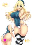  1girl adapted_costume ass atago_(kantai_collection) beret bikini blonde_hair blue_headwear breasts character_name competition_swimsuit cowboy_shot green_eyes green_swimsuit hat highres kantai_collection kuga_zankurou large_breasts long_hair looking_at_viewer multiple_views one-piece_swimsuit side-tie_bikini simple_background swimsuit white_background 