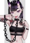  1girl bangs bare_shoulders black_choker black_hair black_nails black_shirt black_tank_top blunt_bangs breasts chain choker collarbone crop_top ear_piercing earrings eyebrows_visible_through_hair eyelashes eyeliner eyeshadow fangs fate/grand_order fate_(series) fingernails flower_tattoo gradient_hair halter_top halterneck hand_to_own_mouth hands_up highres horns jewelry looking_at_viewer makeup mascara multicolored_hair nail_polish navel navel_piercing oni oni_horns open_mouth piercing pulled_by_self purple_eyes purple_hair ram_(ramlabo) ring shirt short_eyebrows shuten_douji_(fate/grand_order) skin-covered_horns small_breasts solo spaghetti_strap strap_pull stud_earrings studded_choker tank_top tattoo thick_eyebrows tongue tongue_out tongue_piercing two-tone_hair upper_body wristlet 