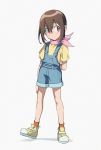  1girl arm_behind_back blue_overalls blush child closed_mouth digimon digimon_adventure full_body hair_between_eyes highres looking_to_the_side maro_(lij512) orange_legwear overalls pink_scarf red_eyes scarf shadow shirt shoes short_hair signature simple_background smile sneakers socks solo standing white_background yagami_hikari yellow_footwear yellow_shirt 