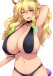  1boy 1girl :d bikini black_bikini blonde_hair blue_hair breasts cleavage covered_nipples dragon_girl dragon_horns eyebrows eyebrows_visible_through_hair green_hair highres horns huge_breasts kobayashi-san_chi_no_maidragon looking_at_viewer magatsuchi_shouta multicolored_hair navel nipples one_eye_closed open_mouth purple_hair quetzalcoatl_(maidragon) shadow simple_background sky smile swimsuit tsukasawa_takamatsu white_background 