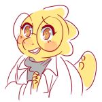  alphys anthro blush blush_stickers buckteeth clasped_hands clothed clothing coat dongoverlord eyelashes eyewear female glasses half-length_portrait lab_coat lizard looking_at_viewer low_res open_mouth open_smile orange_eyes portrait reptile scales scalie simple_background smile solo sweater teeth thick_tail three-quarter_view topwear undertale video_games white_background yellow_body yellow_scales 