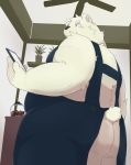  2020 absurd_res anthro apron black_nose butt clothing fur hi_res humanoid_hands kemono male mammal noctnoc overweight overweight_anthro overweight_male phone polar_bear solo ursid ursine white_body white_fur 