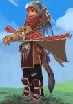  1boy absurdres armor bandana blue_sky brown_eyes brown_gloves brown_hair cloud fake_tail fake_wings feathers gloves grass helmet highres male_focus original outdoors patches red_bandana scratches sky solo standing stitches tail turquoise_iro wings 