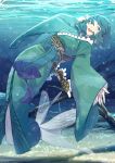  1girl absurdres blue_eyes branch commentary_request frilled_kimono frills full_body green_hair green_kimono hand_up highres japanese_clothes kawayabug kimono long_sleeves medium_hair mermaid monster_girl open_mouth outstretched_arm ringlets smile solo sparkle touhou underwater upper_teeth wakasagihime water_surface wide_sleeves 