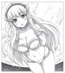  1girl arms_behind_back bikini breasts cleavage cloud collarbone commentary_request cowboy_shot double_bun fletcher_(kantai_collection) greyscale h2_(h20000000) hair_ornament hairband horizon kantai_collection large_breasts leaning_forward long_hair looking_at_viewer monochrome ocean remodel_(kantai_collection) solo star_(symbol) star_hair_ornament swimsuit thigh_gap 