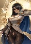  1girl absurdres black_hair black_legwear blue_cape breasts brown_background cape cleavage epaulettes epic7 green_eyes hair_ornament hair_over_one_eye highres large_breasts leaping_(fle8410) long_hair long_sleeves looking_at_viewer solo standing vivian_(epic7) 