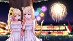  2girls :d aerial_fireworks animal_ear_fluff animal_ears bangs bare_arms bare_shoulders bell bell_collar blonde_hair blue_eyes blurry blurry_background blush cat_ears cat_girl cat_tail closed_mouth collar collarbone commentary_request copyright_request depth_of_field dress eye_contact eyebrows_visible_through_hair fireworks flower hair_flower hair_ornament hand_up high_ponytail jingle_bell long_hair looking_at_another multiple_girls night night_sky off-shoulder_dress off_shoulder omoomomo open_mouth outdoors pink_flower ponytail red_eyes sample sky sleeveless sleeveless_dress smile striped_tail summer_festival sunflower sunflower_hair_ornament swept_bangs tail tail_raised torii tree very_long_hair virtual_youtuber white_collar white_dress yellow_flower 