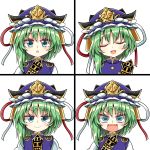 aki_chimaki angry asymmetrical_hair bangs blue_eyes blue_headwear blue_vest buttons closed_eyes closed_mouth epaulettes expressions eyebrows_visible_through_hair fang frilled_hat frills green_hair hat holding looking_at_viewer open_mouth red_ribbon ribbon rod_of_remorse shiki_eiki shirt short_hair simple_background smile smug solo surprised tears touhou upper_body v-shaped_eyebrows v-shaped_eyes vest white_background white_frills white_ribbon white_shirt white_sleeves 