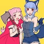  2girls alternate_costume animal_ears axe blue_gloves blue_hair breasts brown_eyes cleavage do_m_kaeru fake_animal_ears fire_emblem fire_emblem:_three_houses gloves hilda_valentine_goneril holding holding_axe long_hair marianne_von_edmund multiple_girls one_eye_closed open_mouth pink_eyes pink_hair short_sleeves shorts simple_background tail twintails wolf_ears wolf_tail yellow_background 
