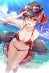  1girl bangs bare_arms bare_shoulders barefoot beach bikini black_headwear blue_sky blush breasts cloud collarbone commentary_request day eyebrows_visible_through_hair groin hair_ribbon halterneck hand_on_headwear hand_up hat highres holding holding_innertube hololive houshou_marine innertube jacket kakumayu large_breasts long_hair looking_at_viewer navel no_eyepatch ocean off_shoulder open_mouth outdoors peaked_cap red_eyes red_hair red_ribbon ribbon sky smile solo standing swimsuit twintails virtual_youtuber water_drop yellow_eyes 