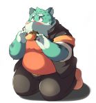 2010 anthro ayame42612 belly blush bottomwear clothing felid food fur green_body green_fur humanoid_hands male mammal overweight overweight_anthro overweight_male pantherine pants simple_background solo tiger white_background 