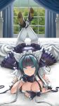  1girl :3 absurdres aqua_hair azur_lane bangs black_hair blue_eyes blunt_bangs breasts cheshire_(azur_lane) cleavage eyebrows_visible_through_hair fang highres indoors large_breasts looking_at_viewer lying maid_headdress multicolored_hair on_stomach smile solo ssshousha streaked_hair thighhighs white_legwear window 