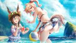  2girls ^_^ amiya_(arknights) animal_ears arknights ass bangs bare_arms bare_shoulders bikini bikini_skirt blonde_hair blue_sky breasts brown_hair bunny_ears closed_eyes cloud commentary_request day ears_through_headwear eyebrows_visible_through_hair facing_viewer flower hair_between_eyes hat hat_flower highres holding jewelry long_hair looking_at_viewer medium_breasts miniskirt multiple_girls neck_ring off-shoulder_shirt off_shoulder open_mouth puffy_sleeves red_eyes shirt skirt sky smile sora_(arknights) starfish sun_hat swimsuit tail thighs triangle_purasu twintails water wolf_ears wolf_tail 