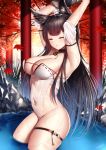  1girl amagi_(azur_lane) amagi_(wending_waters_serene_lotus)_(azur_lane) animal_ears arched_back armpits arms_up autumn autumn_leaves azur_lane bare_shoulders bikini black_hair bottomless breasts bucket choker cleavage closed_eyes fox_ears groin hair_ornament highres holding large_breasts long_hair makeup navel no_panties outdoors parted_lips pouring pouring_onto_self purple_eyes see-through skindentation solo stomach swimsuit thigh_strap thighs upper_body very_long_hair wading water wet white_bikini wooden_bucket wsman 