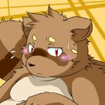  1:1 2013 anthro belly blush bodily_fluids brown_body brown_fur canid canine fur humanoid_hands kemono levan_zan mammal overweight overweight_anthro portrait raccoon_dog simple_background solo sweat tanuki 