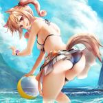  1girl animal_ears arknights ass ball bangs bare_arms bare_shoulders beachball bikini bikini_skirt blonde_hair blue_sky blush cloud commentary_request day eyebrows_visible_through_hair from_behind highres holding holding_ball long_hair looking_at_viewer looking_back miniskirt open_mouth red_eyes skirt sky solo sora_(arknights) standing swimsuit tail thighs triangle_purasu twintails water wolf_ears wolf_tail 