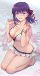  1girl bangs bare_shoulders bikini blush breasts cherry_blossoms cleavage collarbone eyebrows_visible_through_hair fate/stay_night fate_(series) floral_print hair_ribbon halterneck haoni highres kneeling large_breasts long_hair looking_at_viewer matou_sakura navel open_mouth petals purple_eyes purple_hair red_ribbon ribbon smile swimsuit thighs white_bikini 