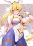 &gt;:) 1girl absurdres animal_ears areola_slip areolae artoria_pendragon_(all) artoria_pendragon_(swimsuit_ruler)_(fate) artoria_pendragon_(swimsuit_ruler)_(fate)_(cosplay) ass_visible_through_thighs bangs blonde_hair blue_legwear blush braid breasts bunny_ears bunnysuit center_opening cleavage closed_mouth commentary_request cosplay cowboy_shot elf fake_animal_ears fate/grand_order fate_(series) from_below green_eyes green_nails hand_up high_ponytail highleg highleg_leotard highres kawase_seiki large_breasts leafa leotard long_hair look-alike looking_at_viewer looking_down nail_polish pointy_ears revision shawl sidelocks smile solo strapless strapless_leotard sword_art_online thigh_strap twin_braids v-shaped_eyebrows very_long_hair white_leotard wrist_cuffs 