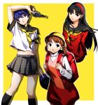  3girls amagi_yukiko arms_behind_back backpack bag bangs black_eyes black_hair black_legwear black_sailor_collar blue_eyes blue_hair brown_eyes brown_hair collarbone doujima_nanako floating_hair grey_skirt gun hair_between_eyes hairband handgun highres holding holding_gun holding_weapon houndstooth kneehighs long_hair looking_at_viewer midriff miniskirt multiple_girls nakano_maru neckerchief parted_lips persona persona_4 pleated_skirt print_skirt red_sweater sailor_collar school_uniform shiny shiny_hair shirogane_naoto shirt short_hair short_sleeves skirt stomach sweater turtleneck turtleneck_sweater very_long_hair weapon white_shirt white_sweater yasogami_school_uniform yellow_background yellow_headwear yellow_neckwear 